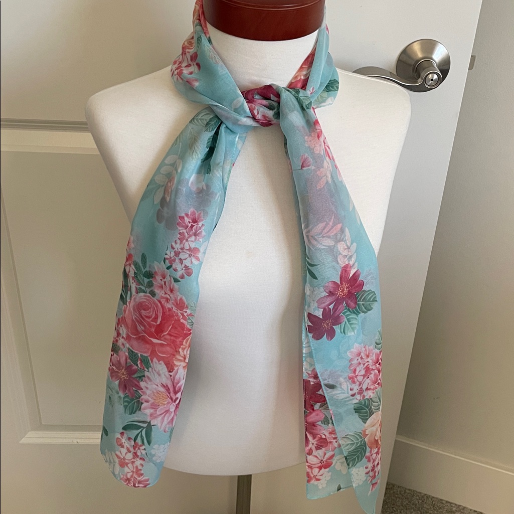 Vintage Beautiful Multicolor Floral Oblong Sheer Scarf. Made In Italy.